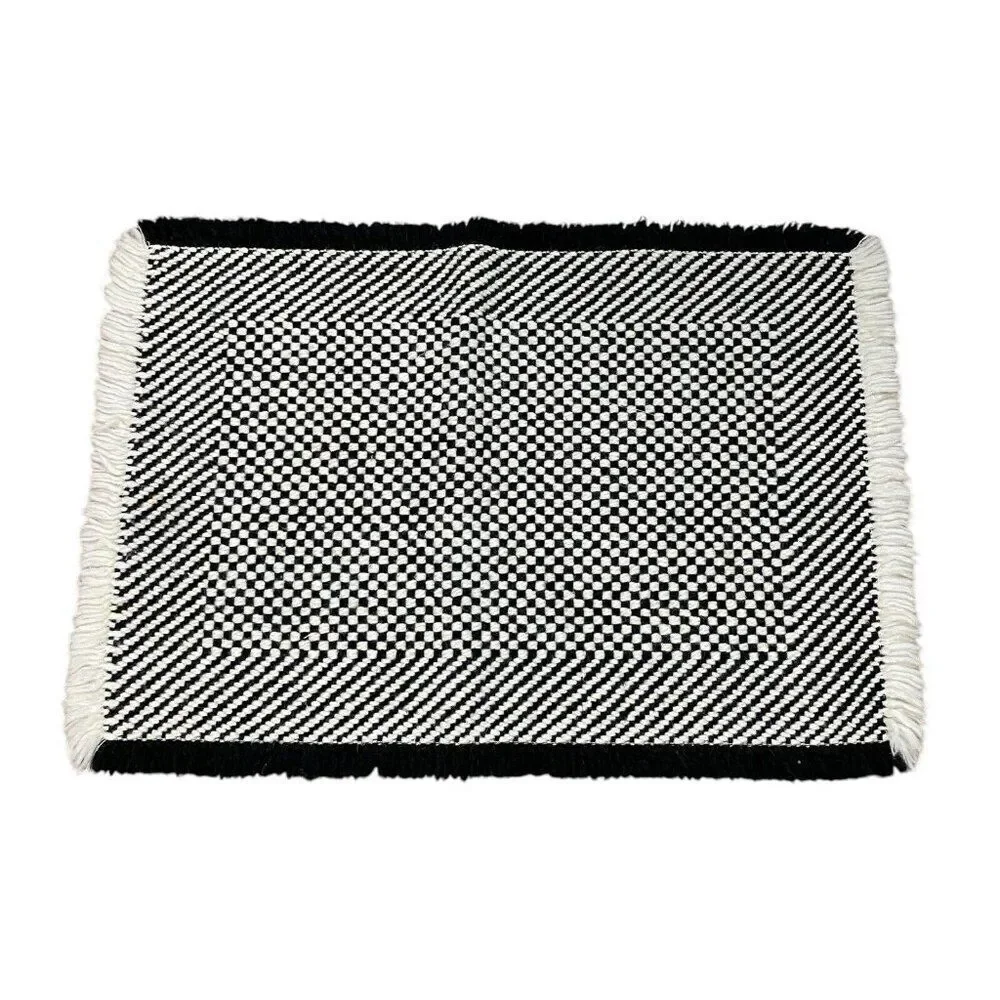 Vintage 1980s Woven Black & White Fringe Placemats Set 2 Checked 17 x 11 Unique